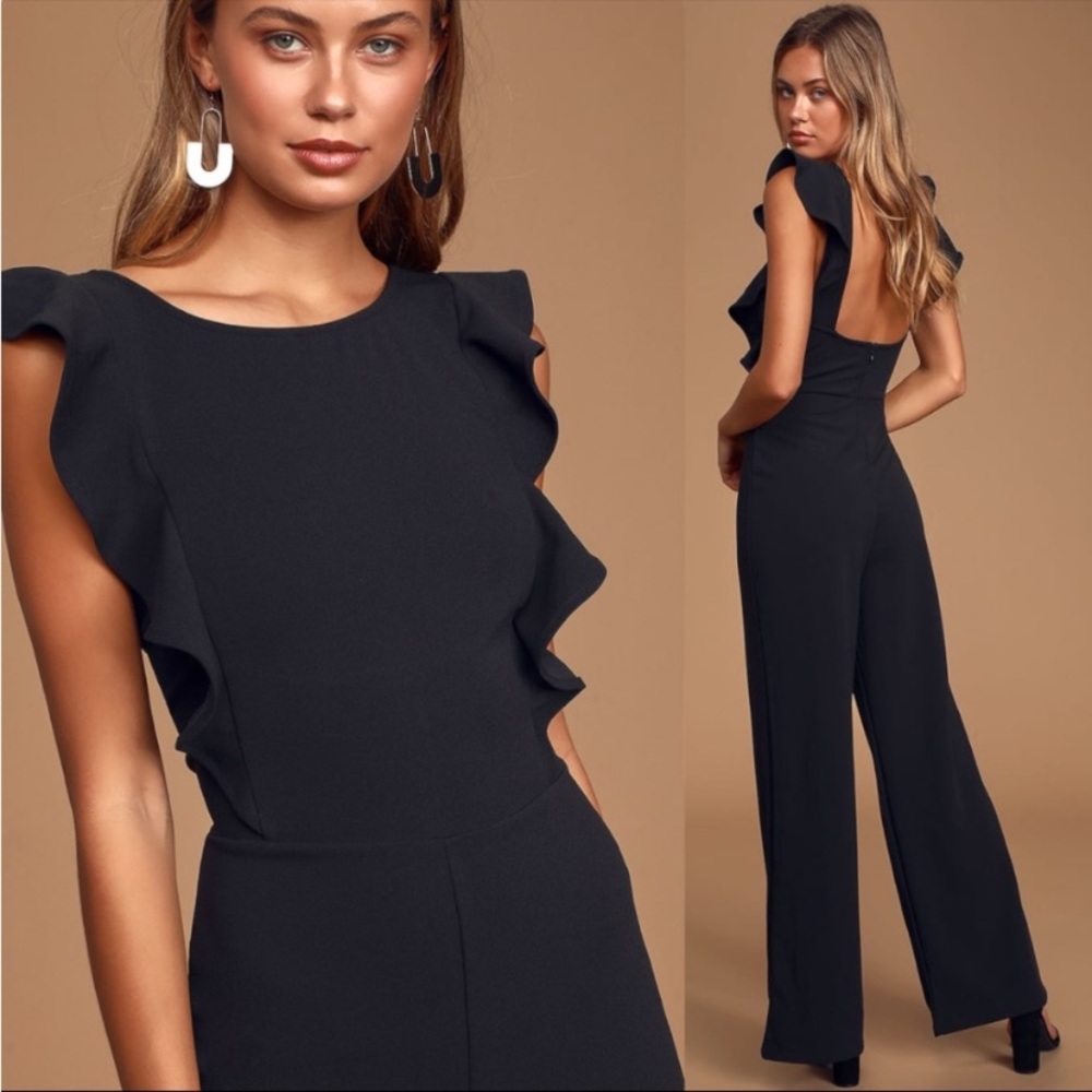 NWOT Lulus Feel Your Love Black Ruffled Wide-Leg Jumpsuit Size Med